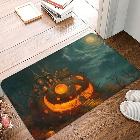 Halloween Non Slip Door Mat, Halloween Pumpkin Head Castle Halloween Decor Absorbent Bath Tub Mats, Bathroom Rugs Welcome Mat, Bath Mat for Halloween Decor Home, Kitchen 16x24in