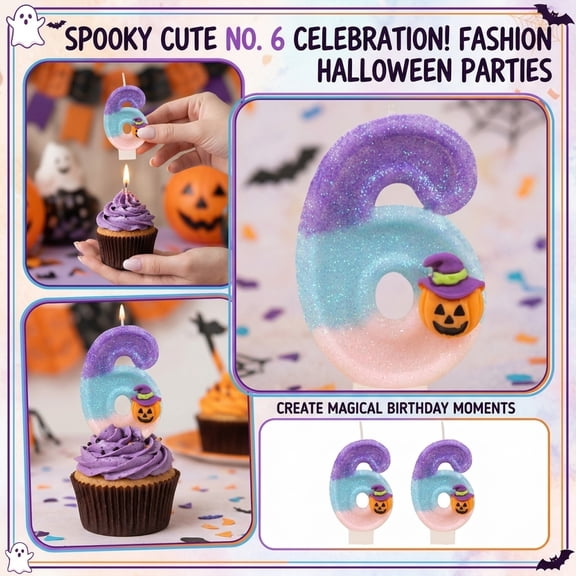 Halloween Number 6 Birthday Candle, Glitter Gradient Jack O Lantern Design, for Halloween Birthday Party Decorations, Cute Spooky Birthday Cake Decor, Single Piece