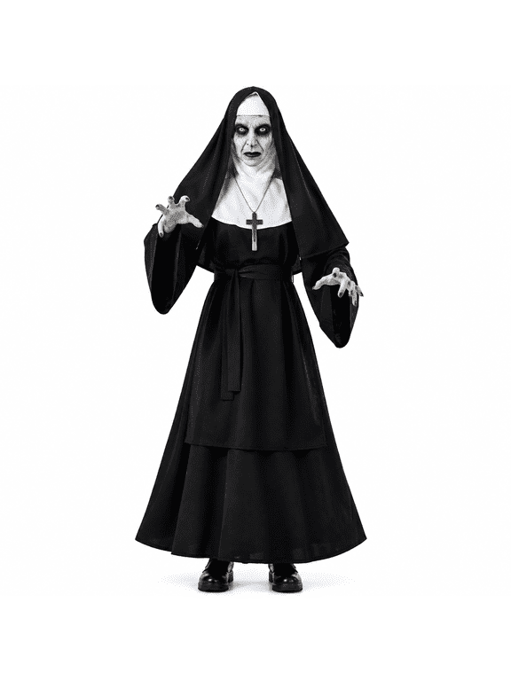 Halloween Nun costume with Mask And Cross Necklace - Perfect for Cosplay and Movie Premiere