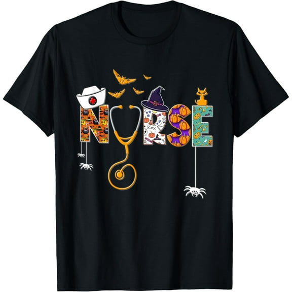 Halloween Nurse Nursing Cute Health Worker Halloween Pattern T-ShirtMen and women, Black T-shirt, size: Extra large