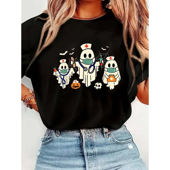 Halloween Nurse Nursing Funny Health Worker RN Ghost NurseCrew Neck Graphic Tee Cotton Women T-Shirt