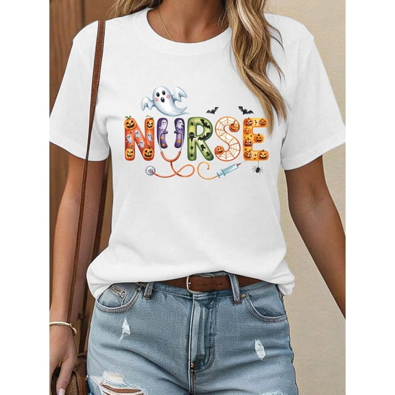 Halloween Nurse Tee Pumpkin Ghost Graphic T Shirt Tops Cute Medical Design Fashion and Comfortable White S-5XL