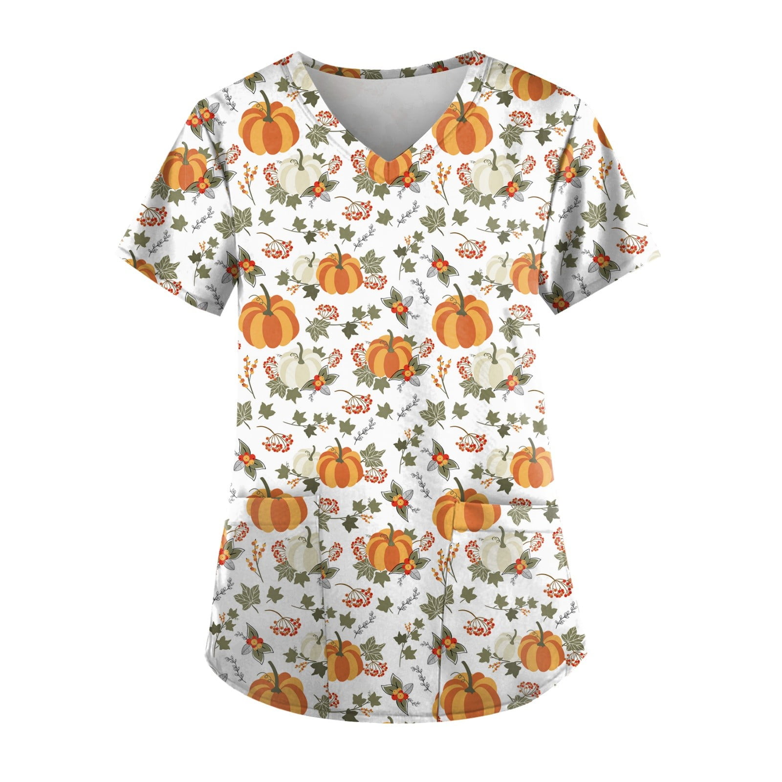 Halloween Nursing Uniforms Shirts Women Pumpkins Bats Printed VNeck