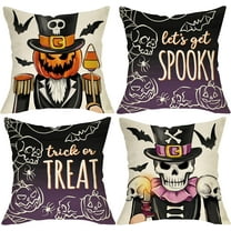 Halloween Nutcracker Decorative Throw Pillow Covers 18 x 18 Set of 4, Trick or Treat Jack O Lantern Pumpkin Skeleton Porch Outdoor Home Decor, Let''s Get Spooky Gothic Skull Couch Cushion Case