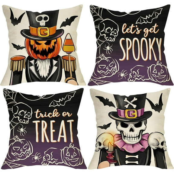 Halloween Nutcracker Decorative Throw Pillow Covers 18 x 18 Set of 4, Trick or Treat Jack O Lantern Pumpkin Skeleton Porch Outdoor Home Decor, Let''s Get Spooky Gothic Skull Couch Cushion Case