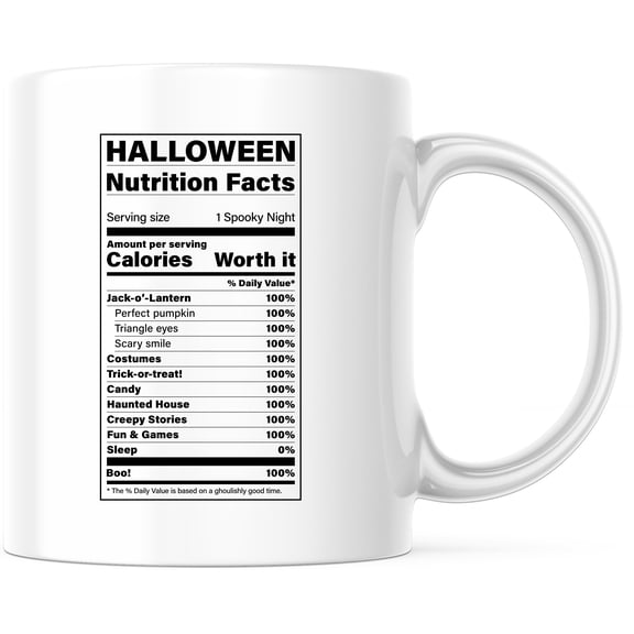 Halloween Nutrition Facts Mug, Spooky Night Jack O Lantern Mug, Fun Trick or Treat Halloween Mug, Creepy Stories & Costumes Themed Mug - 11 Ounce Novelty Coffee Cup - WMUG0332