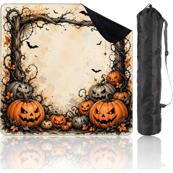 Halloween O Lanterns Bats Autumn Vines Vintage Style Mahjong Mat 31.5" x 31.5", Non-Slip Noise Reduction with Carrying Bag for Poker Board Games