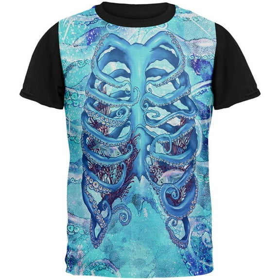 Halloween Octopus Kraken Skeleton Ribs Costume All Over Mens Black Back T Shirt Multi MD