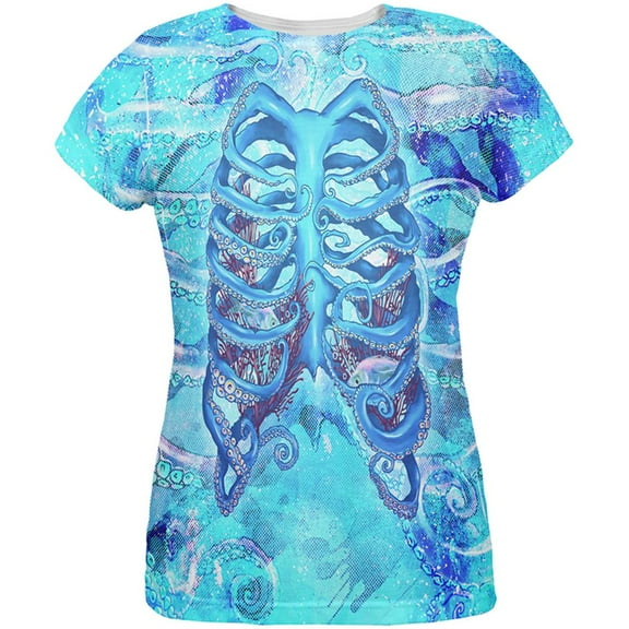 Halloween Octopus Kraken Skeleton Ribs Costume All Over Womens T Shirt Multi SM