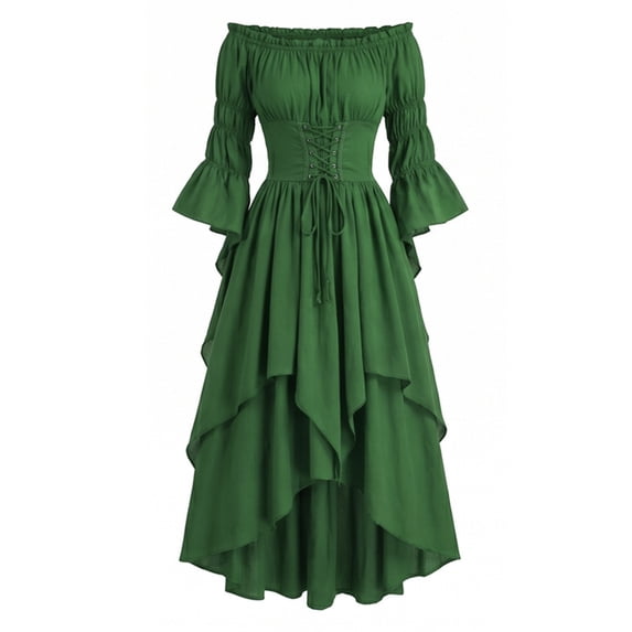 Halloween Off-Shoulder Corset Dress for Women, Long Bell-Sleeve Gown with Lace-Up Waist & High-Low Hem — Renaissance Costume Green XXL