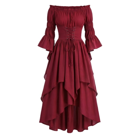 Halloween Off-Shoulder Corset Dress for Women, Long Bell-Sleeve Gown with Lace-Up Waist & High-Low Hem — Renaissance Costume Wine XL
