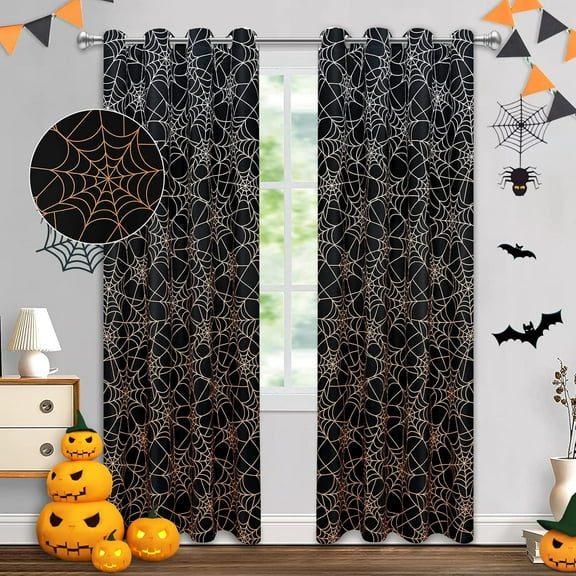 Halloween Ombre Blackout Curtains for Living Room and Bedroom Spider Web Window Curtain 84 Inch Length 2 Panels White Orange Gradient Grommet Thermal Insulated Drapes for Halloween Party Decor