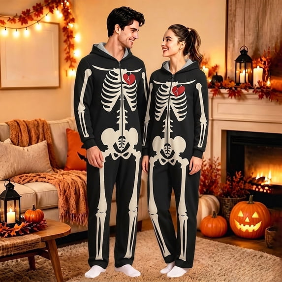 Halloween Onesie Adult Bone Skeleton Hooded Long Sleeve Matching Pajamas for Couples Soft Plush Loose Fit One Piece Jumpsuits Loungewear Sleepwear Outfit for Halloween Party