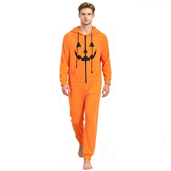 Halloween Onesie Adult Matching Pajamas For Couples Soft and Cozy Flannel Sleepwear, Unisex Hooded Jumpsuit Zipper Closure for Holiday Party