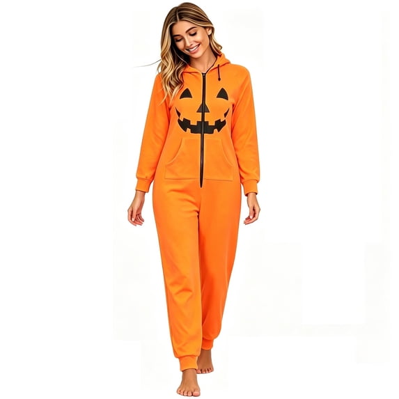Halloween Onesie Adult Matching Pajamas For Couples Soft and Cozy Flannel Sleepwear, Unisex Hooded Jumpsuit Zipper Closure for Holiday Party
