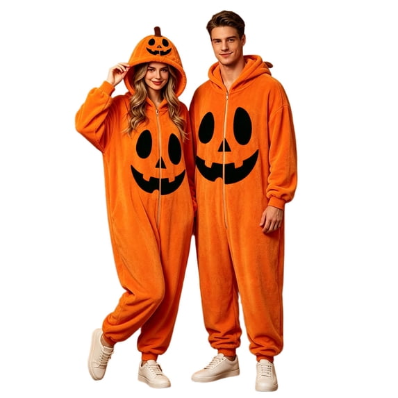 Halloween Onesie Adult Pumpkin Halloween Pjs Women Men Long Sleeve Hooded Loungewear Flannel Casual Loose Fit Oversized Jumpsuit Fall Winter Cozy Party Wear