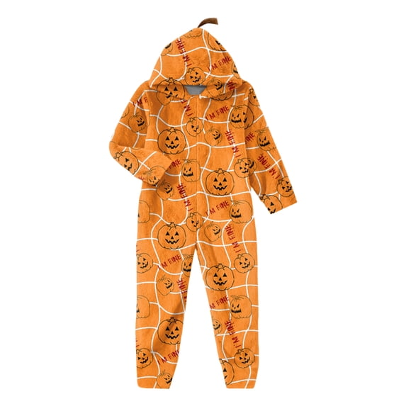 Halloween Onesie Pajama for Kids Gilrs Size 10-12 Cozy Novelty Fall Pumpkin Ghost Hooded Full Zip Jumpsuits Festival Party Girls Clothes Halloween Dress Up Romper Saffron 7-8 Years