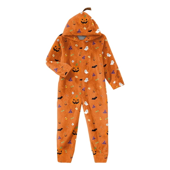 Halloween Onesie Pajama for Kids Gilrs Size 8-10 Fall Funny Cozy Pumpkin Ghost Hooded Full Zip Pajamas Festival Party Trendy Y2k Halloween Dress Up Romper Yellow 7-8 Years
