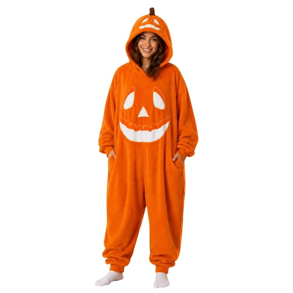 Halloween Onesie Pajamas Adult Pumpkin Ghost Halloween Costume Pajamas Adults Hooded Jumpsuit Sleepwear One Piece Union Suit Kigurumi Outfit Soft Cozy Lounge Wear for Holiday Party
