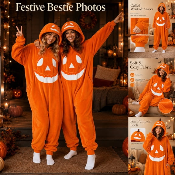 Halloween Onesie Pajamas Adult Pumpkin Ghost Halloween Costume Pajamas Adults Hooded Jumpsuit Sleepwear One Piece Union Suit Kigurumi Outfit Soft Cozy Lounge Wear for Holiday Party