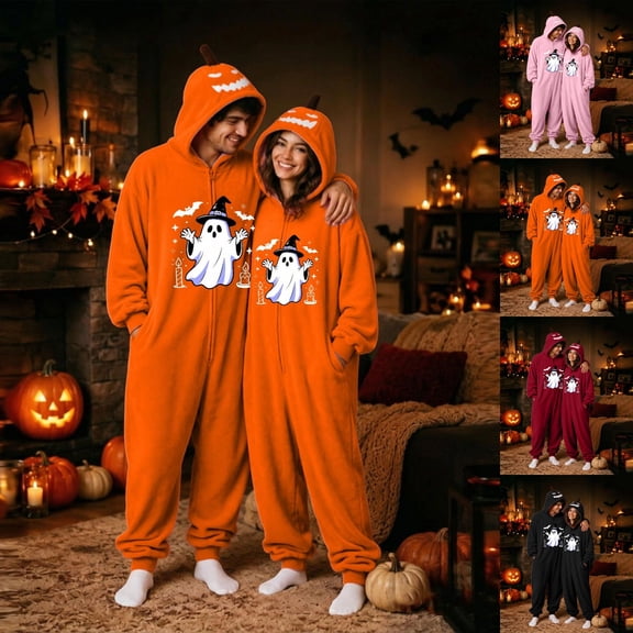 Halloween Onesie Pajamas Adult Pumpkin Ghost Halloween Costume Pajamas Adults Hooded Jumpsuit Sleepwear One Piece Union Suit Outfit Soft Cozy Lounge Wear for Holiday Party(cute ghost_B)