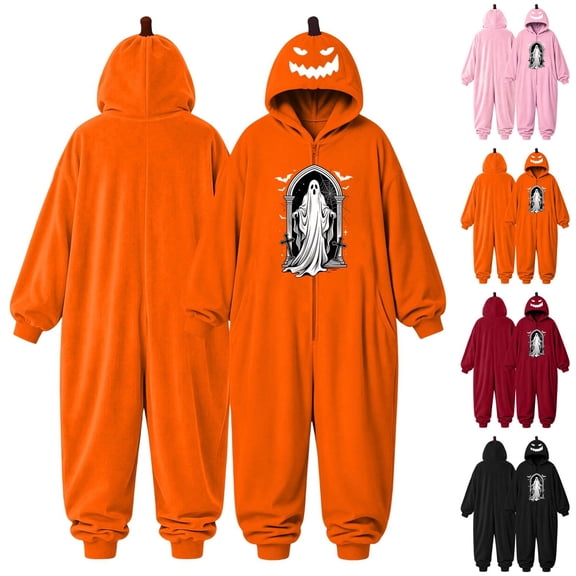 Halloween Onesie Pajamas Adult Pumpkin Ghost Halloween Costume Pajamas Adults Hooded Jumpsuit Sleepwear One Piece Union Suit Outfit Soft Cozy Lounge Wear for Holiday Party(Darkness ghost)