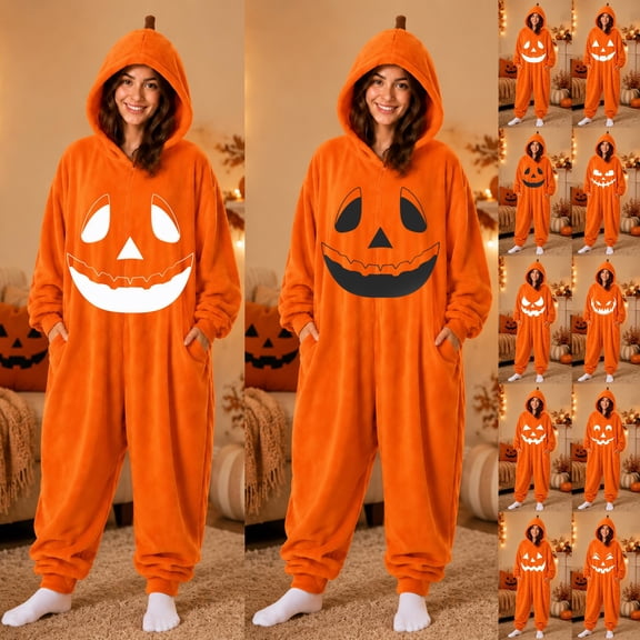 Halloween Onesie Pajamas Adult Pumpkin Ghost Halloween Costume Pajamas Adults Hooded Jumpsuit Sleepwear One Piece Union Suit Outfit Soft Cozy Lounge Wear for Holiday Party(ghost face_C)