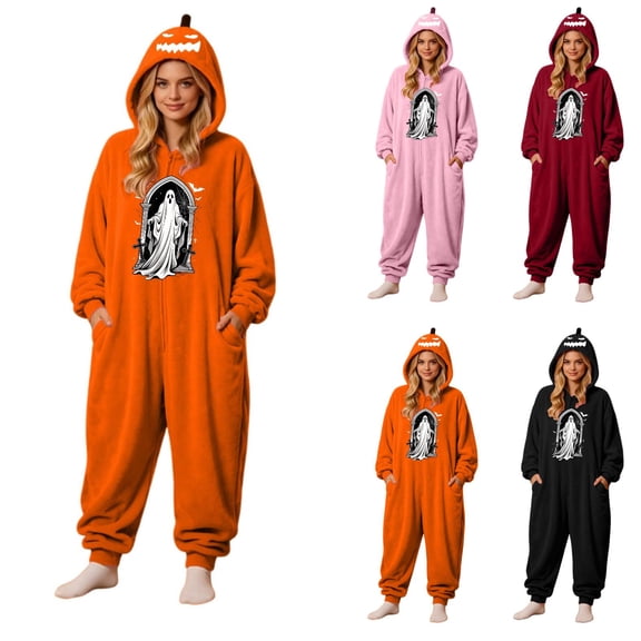 Halloween Onesie Pajamas Adult Pumpkin Ghost Halloween Costume Pajamas Adults Hooded Jumpsuit Sleepwear One Piece Union Suit Outfit Soft Cozy Lounge Wear for Holiday Party(Darkness ghost)