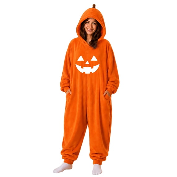 Halloween Onesies Pumpkin Pajamas Jumpsuit for Adults Soft Flannel Jack-o'-Lantern Hooded Jumpsuit With Pockets Women Long Sleeve Hooded Zip-up Plus Size Cute Hood Rompers Sleepwear Loungewear,White