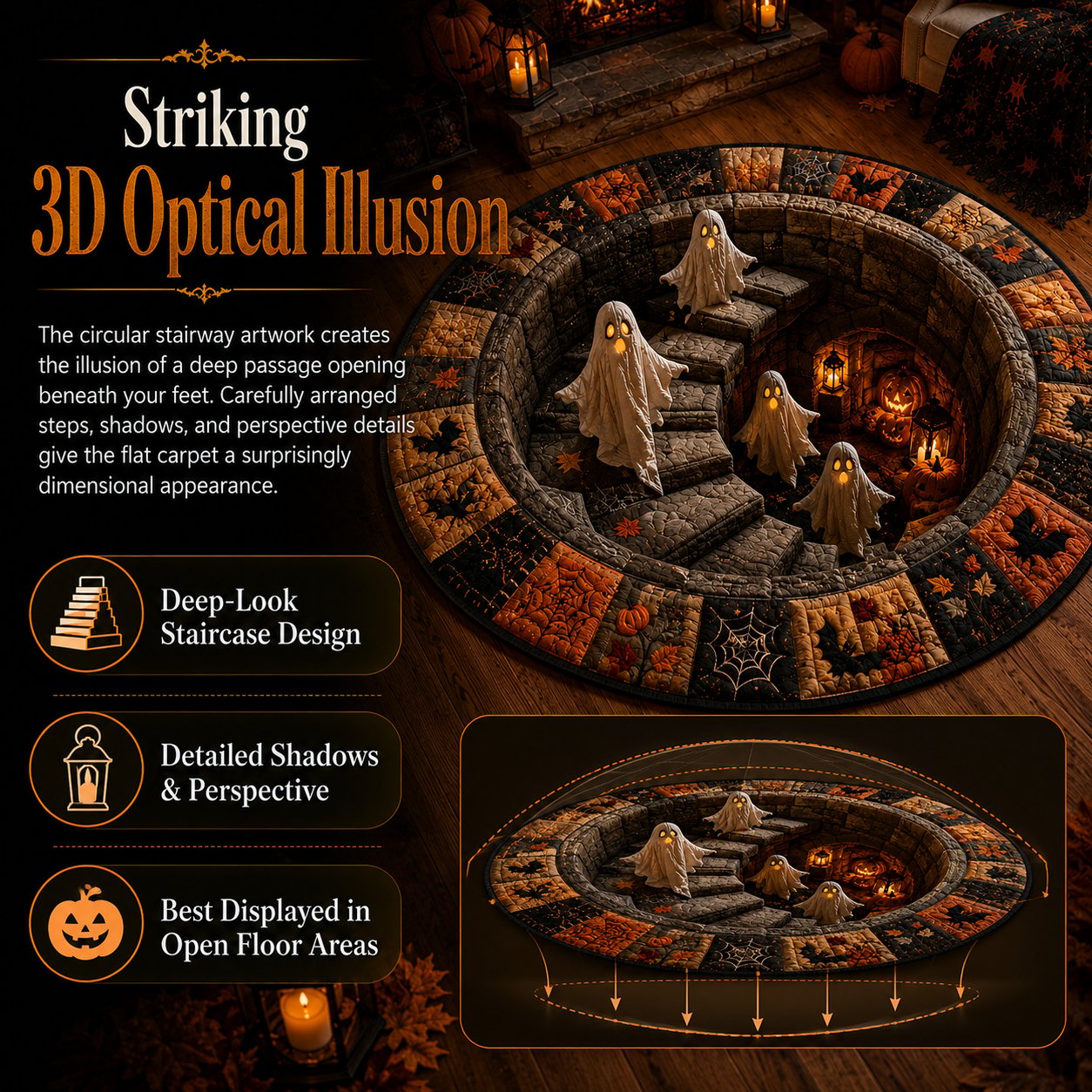 Halloween Optical Illusion Round Rug, Spooky Staircase Pattern Floor Mat with Soft Non Slip Backing, Decorative Carpet for Living Room/Bedroom/Entryway/Porch/Party/Seasonal Home Decor, D