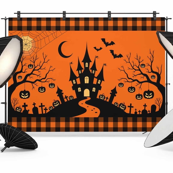 Halloween Orange Backdrop for Photoshoot,Photography Photo Studio Background Wall Backdrop,Cartoon Castle Bat Plaid Moon Black Back Drop Banner Panel for Portraits Wedding Party Live Streaming 7x5Ft