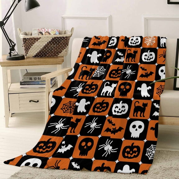 Halloween Orange Black Ghost Pumpkin Skull Plaid Patchwork Throw Flannel Blanket 40x50In Super Soft Cozy Bed Blanket, Lightweight Plush Fuzzy Bed Throw for Bedroom Sofa Couch Living Room