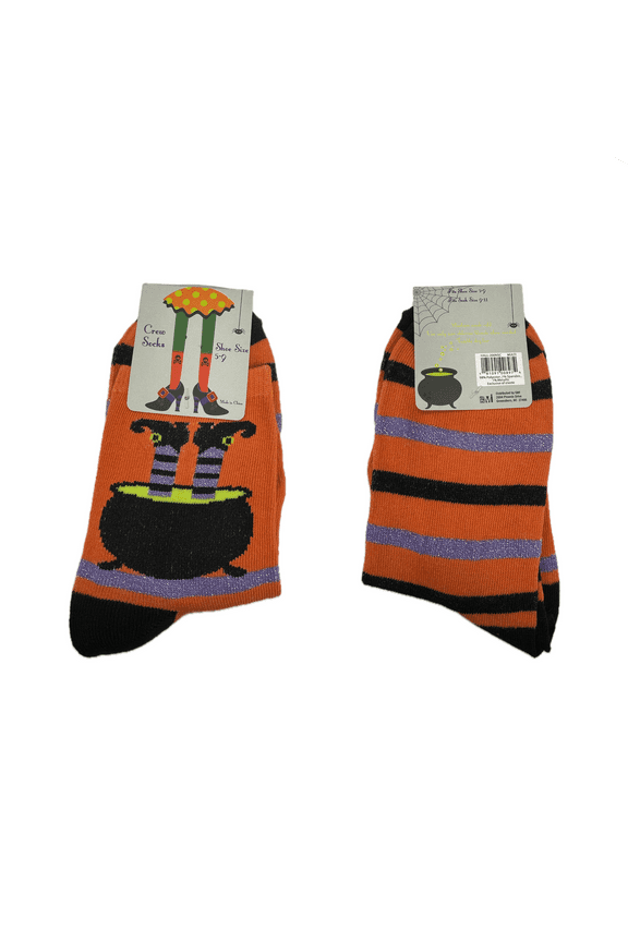 Halloween Orange Black Witch Legs Chauldren Pot, Shoe Size 5-9, Sock Size 9-11