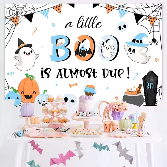 Halloween Orange Blue A Little Boo Is Almost Due Backdrop 4.9 x 3.3 ft Baby Shower Background Cloth for Party Ghost Pumpkin Spider Web Photo Booth Wall Decor Vinyl Banner with Grommets Ribbon