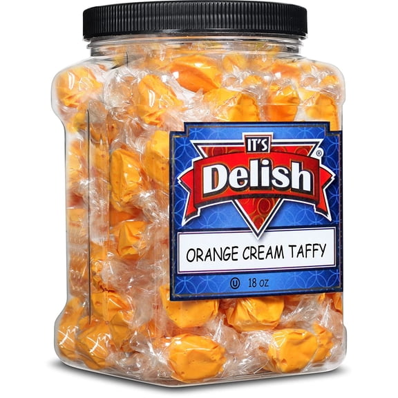 Halloween Orange Cream Taffy Chews by It's Delish, 18 OZ Jumbo Container Jar Individually Wrapped Gourmet Soft Fluff Taffies - Perfect Trick or Treat Candy for Orange Themed Parties, USA Made &...