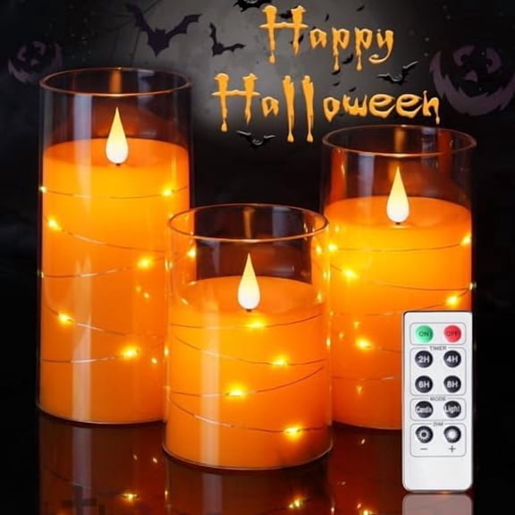 Halloween Orange Flameless Candles with String Lights, Battery Operated LED Candles with Remote and Timer, Candles for Halloween Decoration, Fall, Harvest Festival