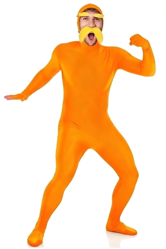 Halloween Orange Full Body Zentai Costume with Yellow Mustache and Eyebrows, Spandex Bodysuit with Back Zipper