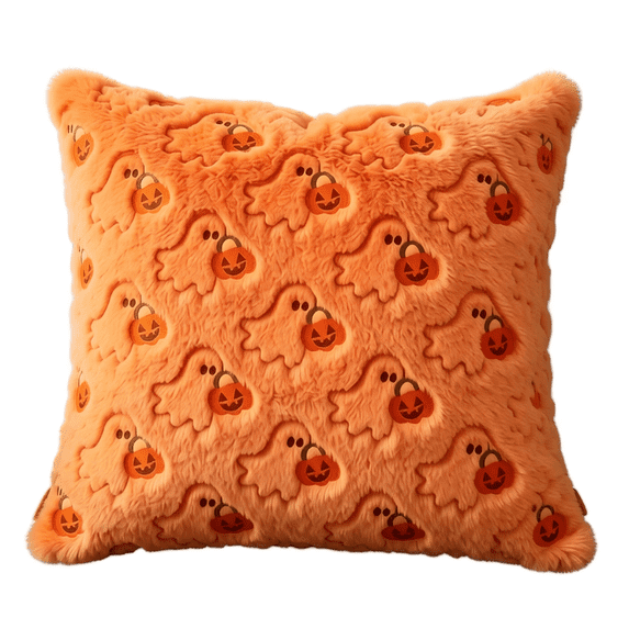 Halloween Orange Ghost Pillow Cover 18x18 - Fuzzy Plush Throw Pillow Case with Ghost Holding Pumpkin Bucket for Spooky Fall Decor, Sofa Couch & Bed (1 Pc)
