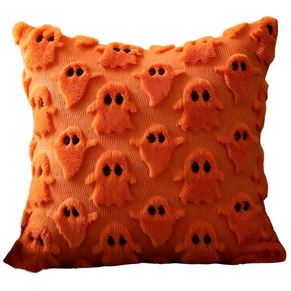 Halloween Orange Ghost Pillow Cover 18x18 - Soft Plush Throw Pillow Case with 3D Fuzzy Orange Ghost Motifs for Fall Decor, Sofa Couch & Bed (1 Pc)