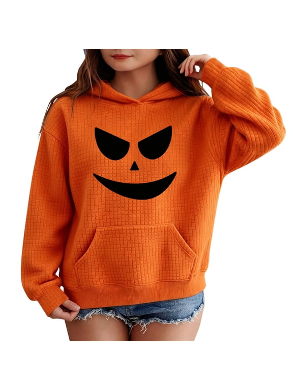 Halloween Orange Hoodies for Girls Devil Graphic Hooded Sweatshirts Oversized Cute Pumpkin Sweater Teen Kids Funny Pullover Tops