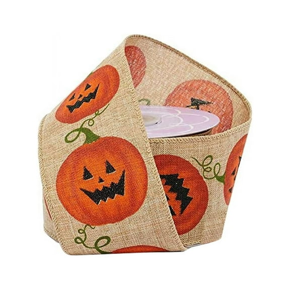 Halloween Orange Jack-O-Lanterns Wired Ribbon - 2 1/2" x 10 Yards, Fall Wreath, Autumn Decor