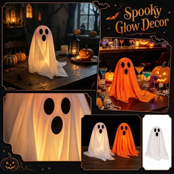 Halloween Orange LED Light-Up Fabric Standing Ghost Decorations, 13.8" Warm Glow Tabletop Ghost Ornaments, Spooky Indoor Halloween Home & Party Decor