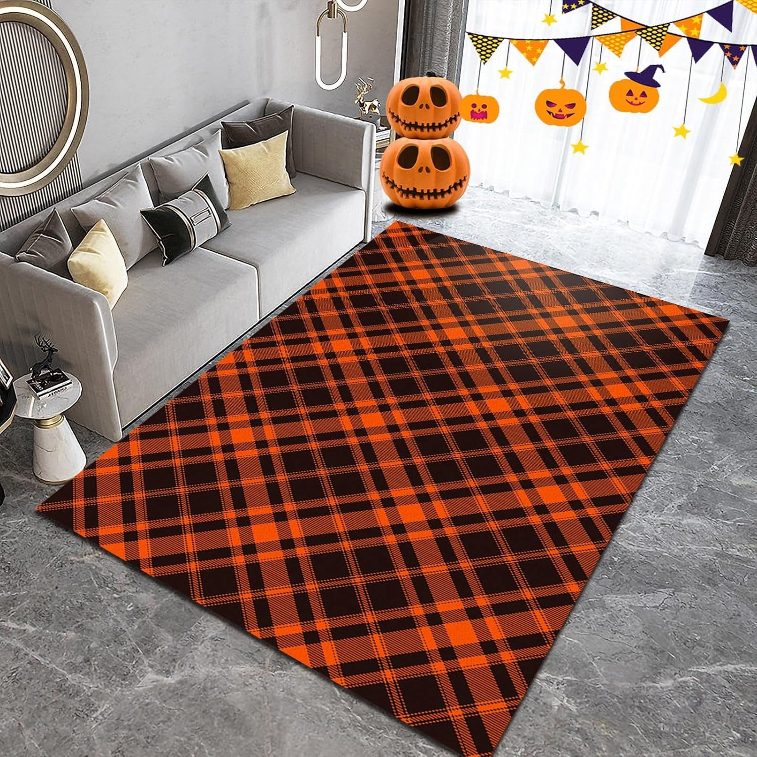 Halloween Orange Plaid Holiday Theme Area Rug, Cartoon Ghost Pumpkin ...