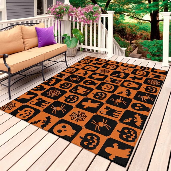 Halloween Orange Plaid Outdoor Rug for Patio/Deck/Porch, Non-Slip Large Area Rug 3 x 5 Ft, Funny Ghost Pumpkins Skull Indoor Outdoor Rugs Washable Area Rugs, Reversible Camping Rug Carpet Runner