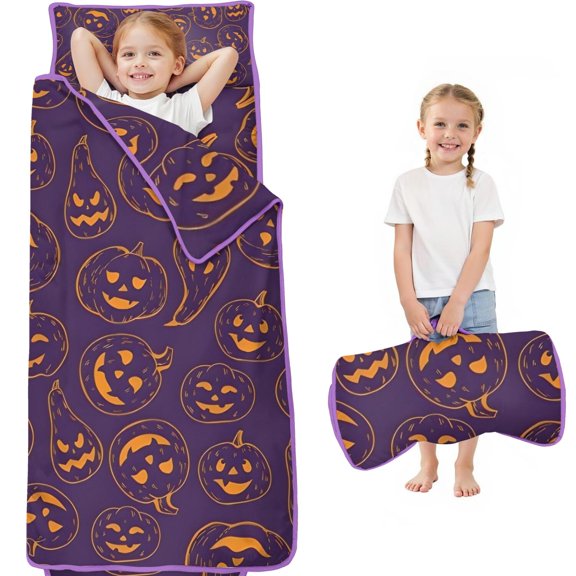 Halloween Orange Pumpkins on Purple Toddler Nap Mats for Kids Preschool,60"x20" Sleeping Mat Bag or Kids,Toddler Sleeping Bag,Toddler Nap Mat or Daycare