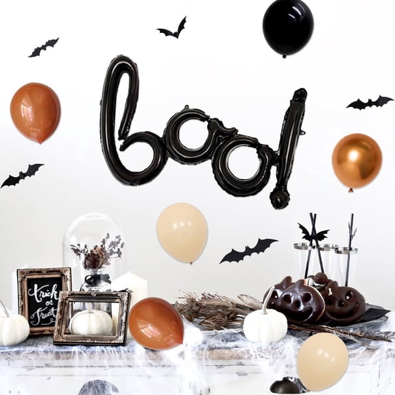 Halloween Orange Retro Boo Balloon Garland Kit with Paper Fan Bat Wall Stickers Pumpkin Ghost for Party Doorway Backdrop Dessert Table Photo Setup, Rose Gold Black Sand White Party Supplies