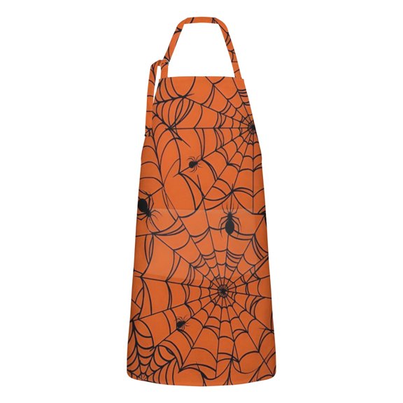 Halloween Orange Spider Web Apron-Garden Aprons for Women with Pockets-Cotton Linen Waterproof Kitchen Cooking Gardening Aprons Adjustable for Kitchen,Cooking,BBQ and Salon 32"x27"