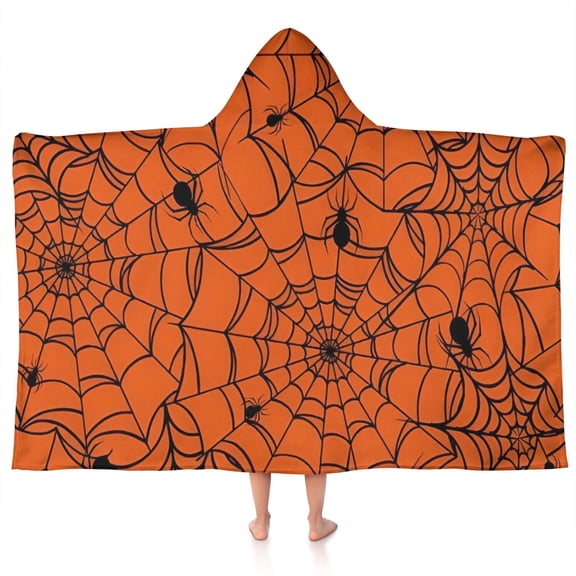Halloween Orange Spider Web Pattern Hooded Bath Towel,50"x30" for Ages 3 To 12 Kids, Quick Dry Lightweight Soft Microfiber Hood Beach Towel Cover Up for Kids