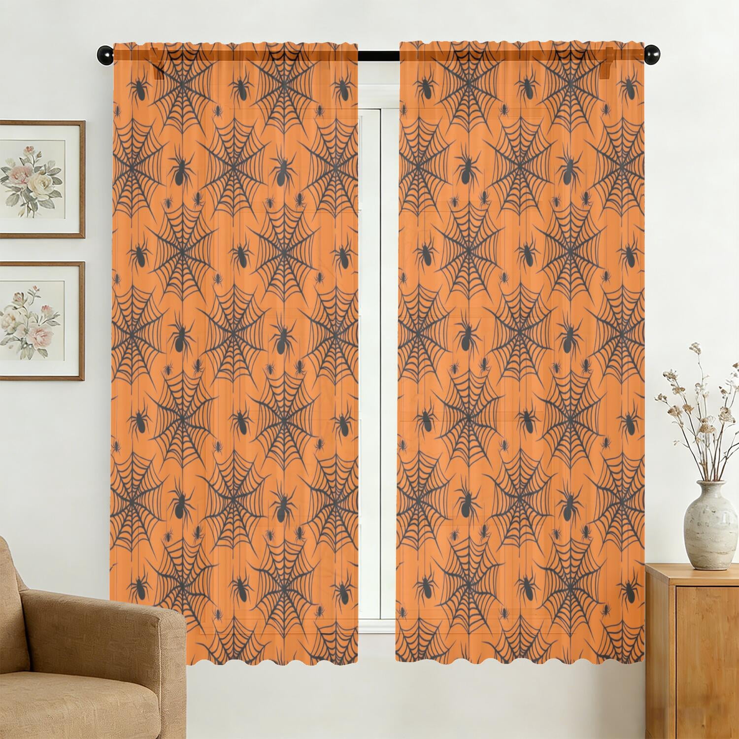 Halloween Orange Spider Web Pattern Sheer Curtains, Voile Drapes with ...