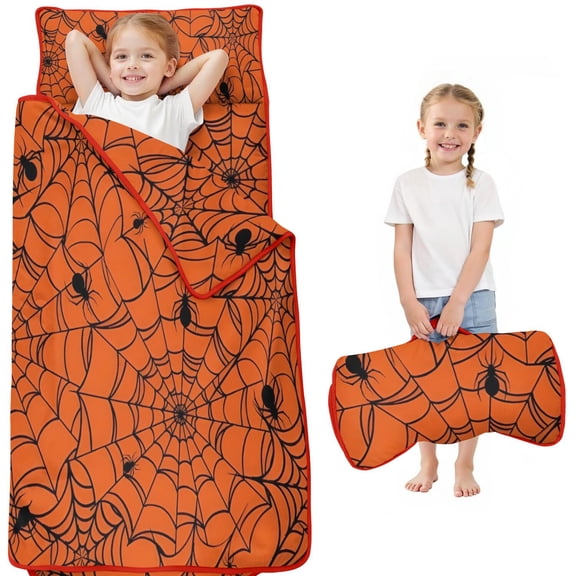 Halloween Orange Spider Web Pattern Toddler Nap Mats for Kids Preschool,51"x22" Sleeping Mat Bag or Kids,Toddler Sleeping Bag,Toddler Nap Mat or Daycare
